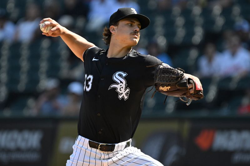 Jul 10, 2024; Chicago, Illinois, USA;  Chicago White Sox pitcher Drew Thorpe (33) delivers against the Minnesota Twins during the second inning at Guaranteed Rate Field. Mandatory Credit: Matt Marton-USA TODAY Sports