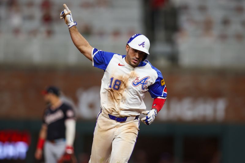 Aug 24, 2024; Atlanta, Georgia, USA; Atlanta Braves right fielder Ramon Laureano (18) celebrates after a home run against the Washington Nationals in the eighth inning at Truist Park. Mandatory Credit: Brett Davis-USA TODAY Sports