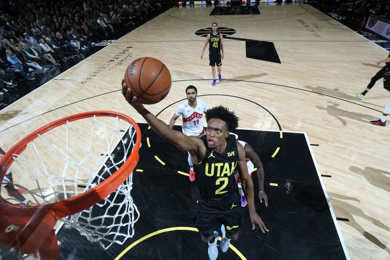 SALT LAKE CITY, UT - JANUARY 12: Colin Sexton #2 of the Utah Jazz drives to the basket during the game against the Toronto Raptors on January 12, 2024 at Delta Center in Salt Lake City, Utah. NOTE TO USER: User expressly acknowledges and agrees that, by downloading and or using this Photograph, User is consenting to the terms and conditions of the Getty Images License Agreement. Mandatory Copyright Notice: Copyright 2024 NBAE (Photo by Melissa Majchrzak/NBAE via Getty Images)