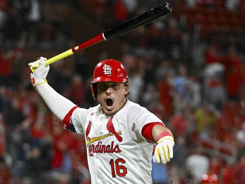 Apr 22, 2024; St. Louis, Missouri, USA;  St. Louis Cardinals second baseman Nolan Gorman (16) reacts after hitting a walk-off two run home run against the Arizona Diamondbacks during the ninth inning at Busch Stadium. Mandatory Credit: Jeff Curry-USA TODAY Sports