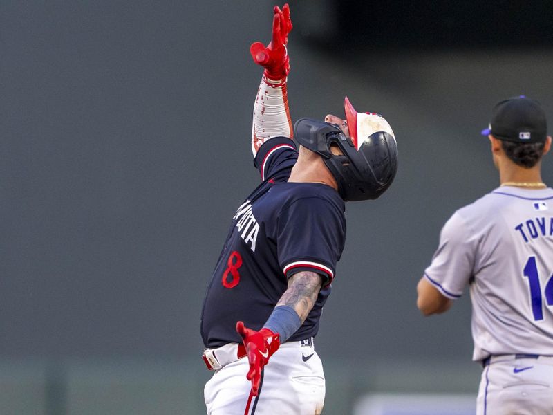 Jun 10, 2024; Minneapolis, Minnesota, USA; Minnesota Twins catcher Christian Vázquez (8) celebrates after hitting a double against the Colorado Rockies in the eighth inning at Target Field. Mandatory Credit: Jesse Johnson-USA TODAY Sports