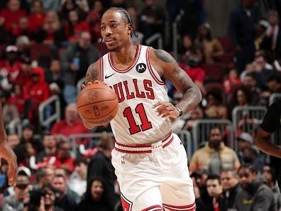 CHICAGO, IL - NOVEMBER 12: DeMar DeRozan #11 of the Chicago Bulls dribbles the ball during the game against the Detroit Pistons on November 12, 2023 at United Center in Chicago, Illinois. NOTE TO USER: User expressly acknowledges and agrees that, by downloading and or using this photograph, User is consenting to the terms and conditions of the Getty Images License Agreement. Mandatory Copyright Notice: Copyright 2023 NBAE (Photo by Gary Dineen/NBAE via Getty Images)