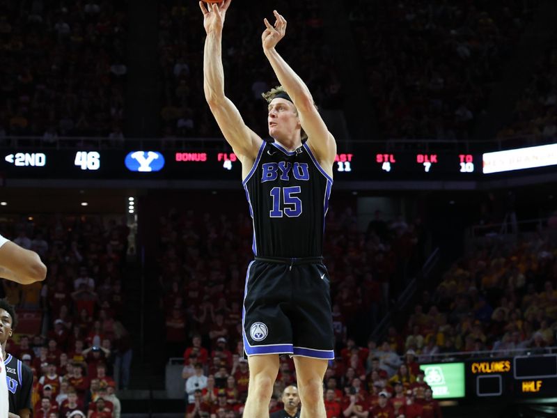 Mar 6, 2024; Ames, Iowa, USA; Brigham Young Cougars guard Richie Saunders (15) shoots against the Iowa State Cyclones in the second half at James H. Hilton Coliseum. Mandatory Credit: Reese Strickland-USA TODAY Sports

