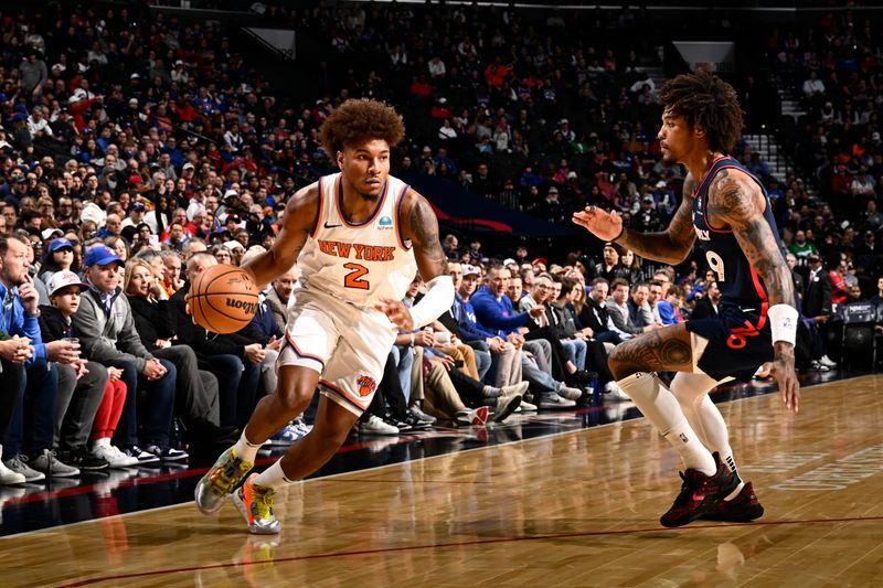 PHILADELPHIA, PA - FEBRUARY 22: Miles McBride #2 of the New York Knicks drives to the basket during the game against the Philadelphia 76ers on February 22, 2024 at the Wells Fargo Center in Philadelphia, Pennsylvania NOTE TO USER: User expressly acknowledges and agrees that, by downloading and/or using this Photograph, user is consenting to the terms and conditions of the Getty Images License Agreement. Mandatory Copyright Notice: Copyright 2024 NBAE (Photo by David Dow/NBAE via Getty Images)