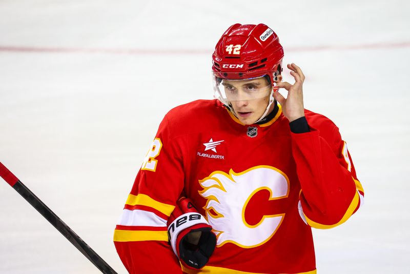 Oct 4, 2024; Calgary, Alberta, CAN; Calgary Flames left wing Samuel Honzek (42) skates during the warmup period against the Winnipeg Jets at Scotiabank Saddledome. Mandatory Credit: Sergei Belski-Imagn Images