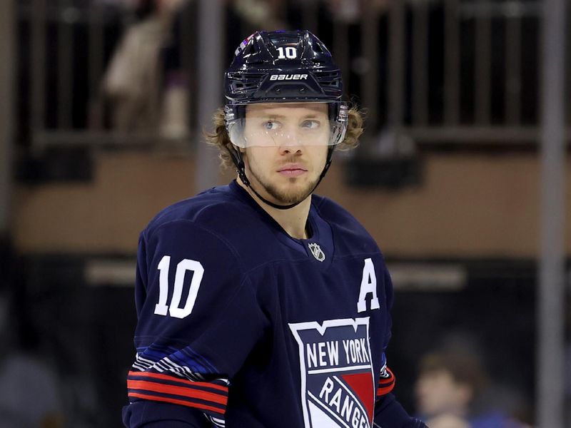 Dec 6, 2024; New York, New York, USA; New York Rangers left wing Artemi Panarin (10) during the third period against the Pittsburgh Penguins at Madison Square Garden. Mandatory Credit: Brad Penner-Imagn Images