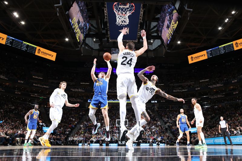 SALT LAKE CITY, UT - FEBRUARY 15: Brandin Podziemski #2 of the Golden State Warriors shoots the ball during the game against the Utah Jazz on February 15, 2024 at Delta Center in Salt Lake City, Utah. NOTE TO USER: User expressly acknowledges and agrees that, by downloading and or using this Photograph, User is consenting to the terms and conditions of the Getty Images License Agreement. Mandatory Copyright Notice: Copyright 2024 NBAE (Photo by Melissa Majchrzak/NBAE via Getty Images)