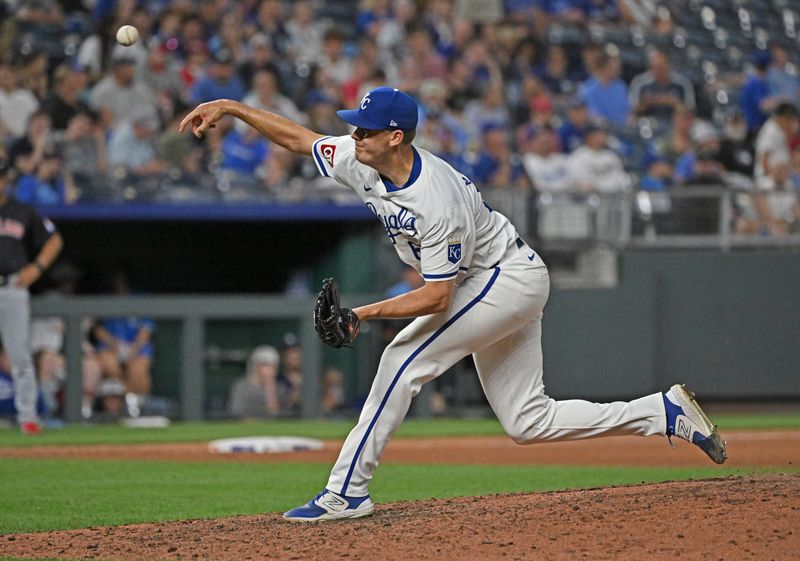 Jun 27, 2024; Kansas City, Missouri, USA;  Kansas City Royals relief pitcher James McArthur (66) delivers a pitch in the ninth inning against the Cleveland Guardians at Kauffman Stadium. Mandatory Credit: Peter Aiken-USA TODAY Sports