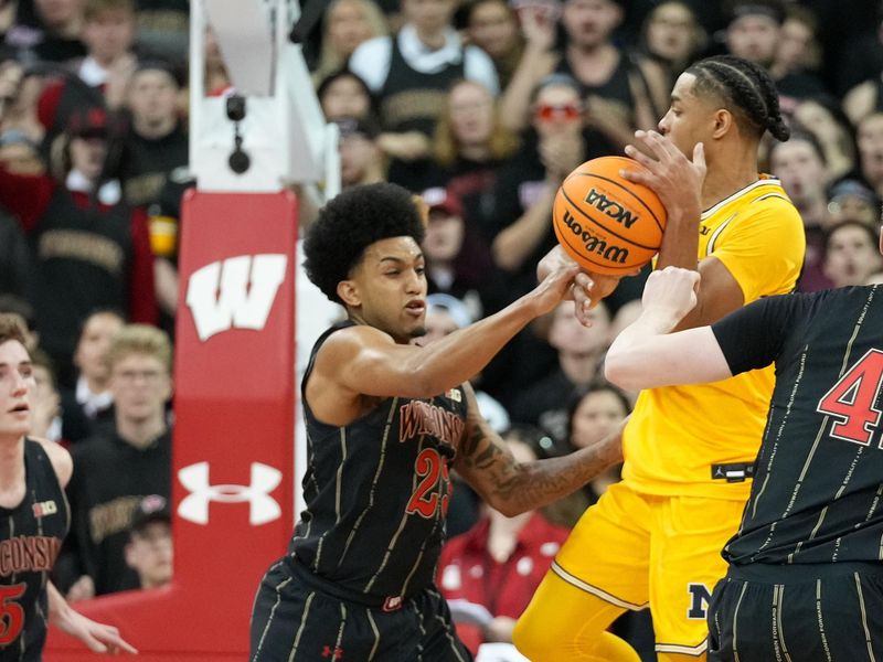 Feb 14, 2023; Madison, Wisconsin, USA;  Wisconsin Badgers guard Chucky Hepburn (23) defends against Michigan Wolverines guard Jett Howard (13) during the second half at the Kohl Center. Mandatory Credit: Kayla Wolf-USA TODAY Sports