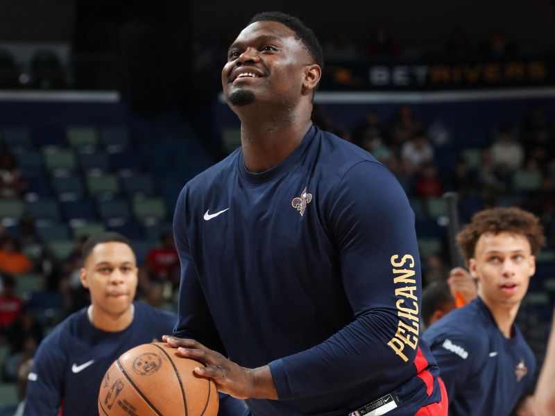 NEW ORLEANS, LA - APRIL 1:  Zion Williamson #1 of the New Orleans Pelicans warms up before the game against the Phoenix Suns on April 1, 2024 at the Smoothie King Center in New Orleans, Louisiana. NOTE TO USER: User expressly acknowledges and agrees that, by downloading and or using this Photograph, user is consenting to the terms and conditions of the Getty Images License Agreement. Mandatory Copyright Notice: Copyright 2024 NBAE (Photo by Layne Murdoch Jr./NBAE via Getty Images)