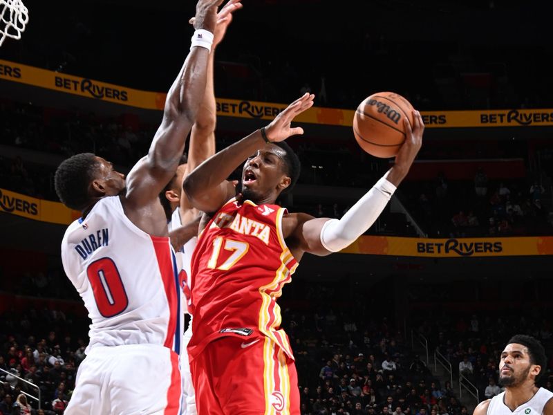 DETROIT, MI - FEBRUARY 3: Onyeka Okongwu #17 of the Atlanta Hawks drives to the basket during the game against the Detroit Pistons   on February 3, 2025 at Little Caesars Arena in Detroit, Michigan. NOTE TO USER: User expressly acknowledges and agrees that, by downloading and/or using this photograph, User is consenting to the terms and conditions of the Getty Images License Agreement. Mandatory Copyright Notice: Copyright 2025 NBAE (Photo by Chris Schwegler/NBAE via Getty Images)