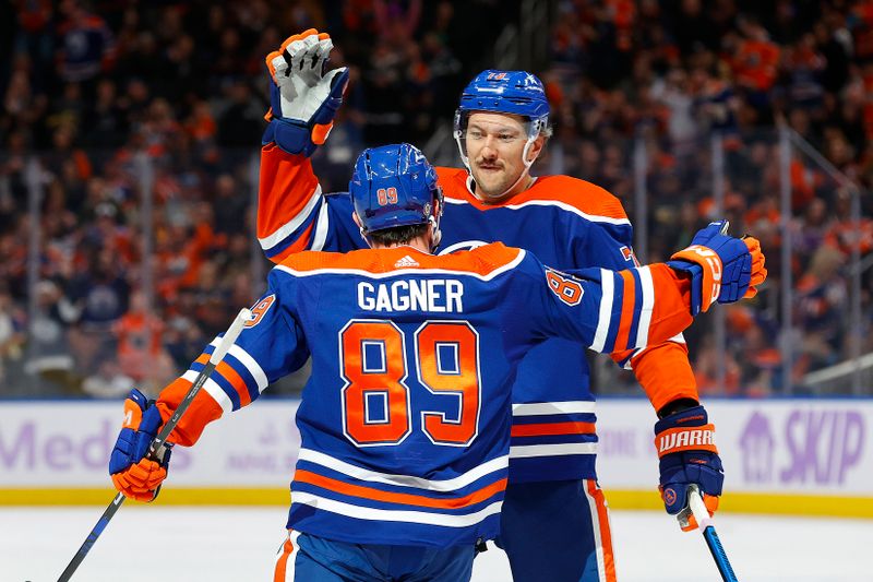 Nov 28, 2023; Edmonton, Alberta, CAN; Edmonton Oilers forward Sam Gagner (89) celebrates after scoring a goal against the Vegas Golden Knights during the first period at Rogers Place. Mandatory Credit: Perry Nelson-USA TODAY Sports