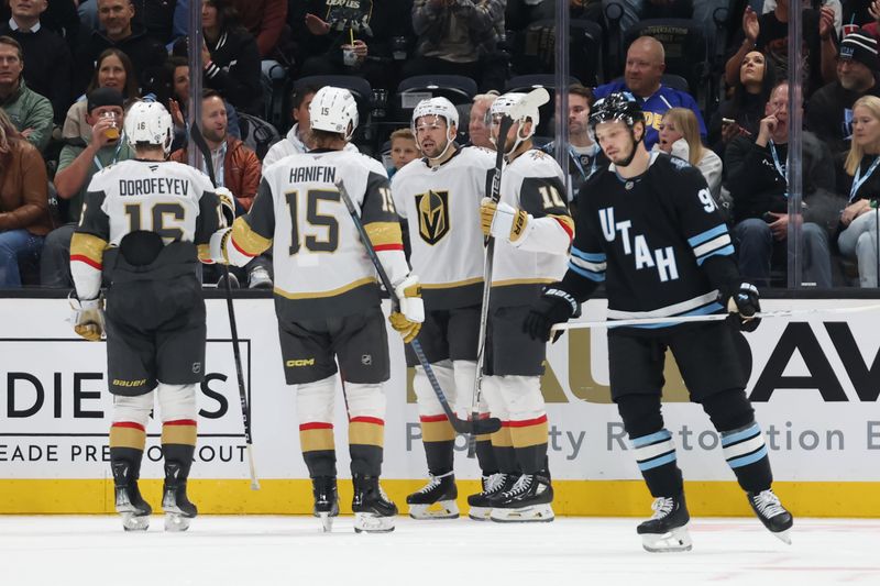 Nov 15, 2024; Salt Lake City, Utah, USA; Vegas Golden Knights center Tomas Hertl (center) celebrates scoring a goal against the Utah Hockey Club during the second period at Delta Center. Mandatory Credit: Rob Gray-Imagn Images