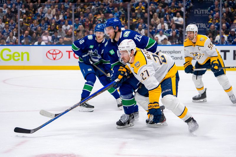 Apr 23, 2024; Vancouver, British Columbia, CAN; Nashville Predators defenseman Ryan McDonagh (27) battles with Vancouver Canucks forward Elias Lindholm (23) during the third period in game two of the first round of the 2024 Stanley Cup Playoffs at Rogers Arena. Mandatory Credit: Bob Frid-USA TODAY Sports