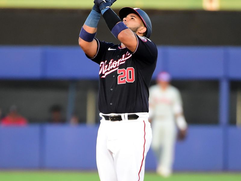 Aug 20, 2023; Williamsport, Pennsylvania, USA; Washington Nationals catcher Keibert Ruiz (20) reacts after hitting a two run double in the first inning against the Philadelphia Phillies at Muncy Bank Ballpark at Historic Bowman Field. Mandatory Credit: Evan Habeeb-USA TODAY Sports