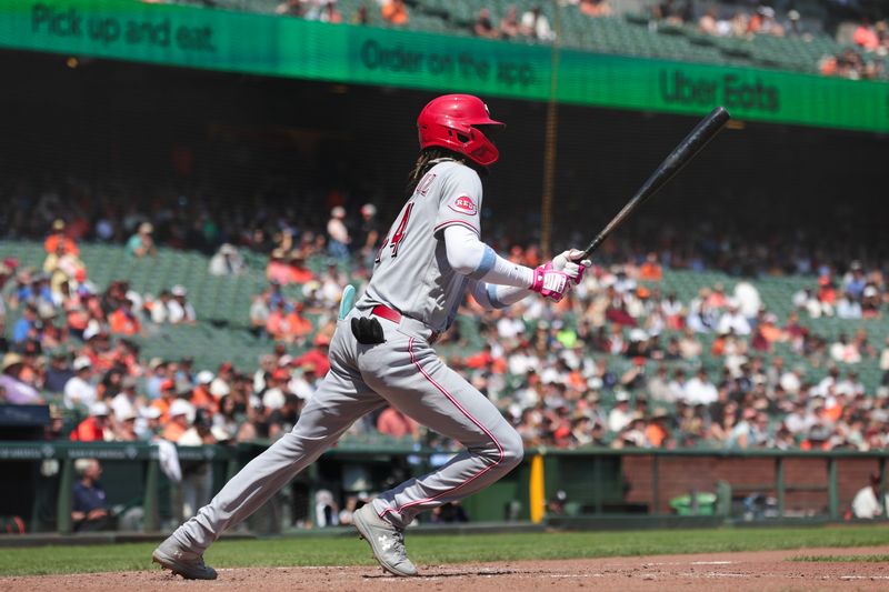 Aug 30, 2023; San Francisco, California, USA; Cincinnati Reds third baseman Elly De La Cruz (44) singles during the sixth inning against the San Francisco Giants at Oracle Park. Mandatory Credit: Sergio Estrada-USA TODAY Sports