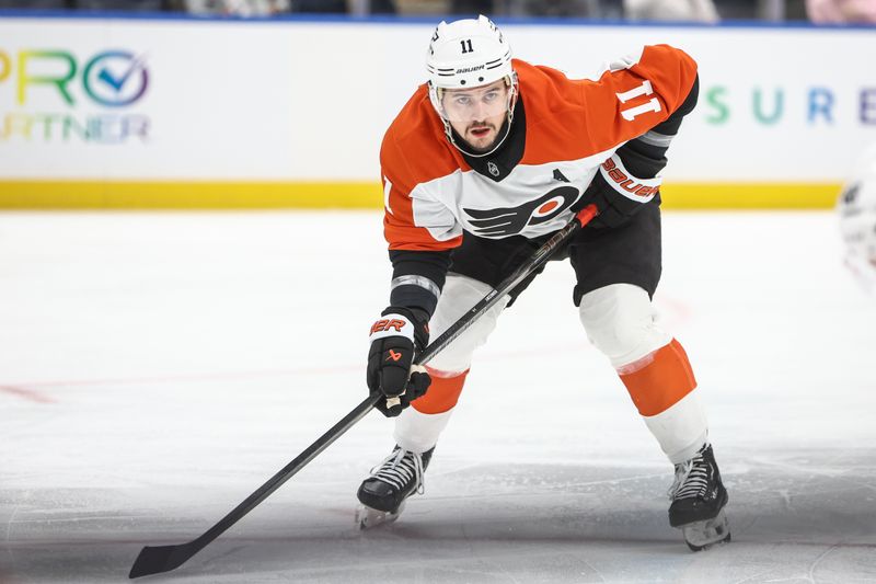 Jan 16, 2025; Elmont, New York, USA;  Philadelphia Flyers right wing Travis Konecny (11) prepares for a faceoff in the first period against the New York Islanders at UBS Arena. Mandatory Credit: Wendell Cruz-Imagn Images