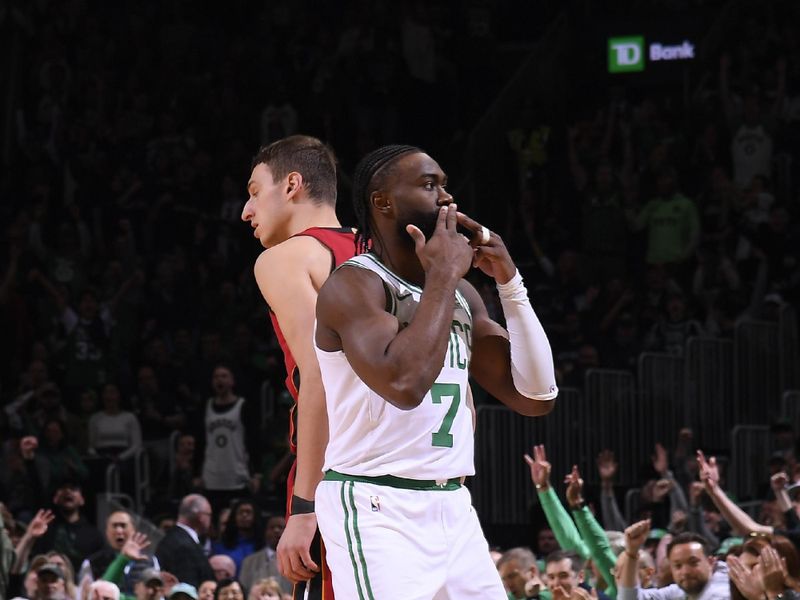 BOSTON, MA - APRIL 21: Jaylen Brown #7 of the Boston Celtics celebrates during the game against the Miami Heat during Round 1 Game 1 of the 2024 NBA Playoffs on April 21, 2024 at the TD Garden in Boston, Massachusetts. NOTE TO USER: User expressly acknowledges and agrees that, by downloading and or using this photograph, User is consenting to the terms and conditions of the Getty Images License Agreement. Mandatory Copyright Notice: Copyright 2024 NBAE  (Photo by Brian Babineau/NBAE via Getty Images)