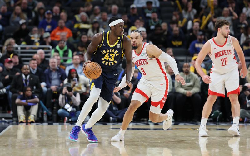 INDIANAPOLIS, INDIANA - FEBRUARY 06: Pascal Siakam #43 of the Indiana Pacers dribble the ball while defended by Dillon Brooks #9 of the Houston Rockets at Gainbridge Fieldhouse on February 06, 2024 in Indianapolis, Indiana.    NOTE TO USER: User expressly acknowledges and agrees that, by downloading and or using this photograph, User is consenting to the terms and conditions of the Getty Images License Agreement.  (Photo by Andy Lyons/Getty Images)