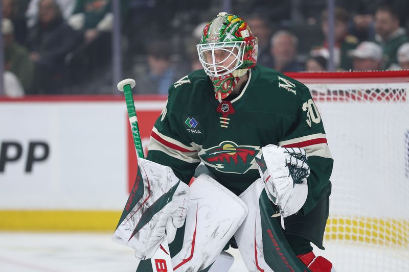 Mar 15, 2026; Saint Paul, Minnesota, USA; Minnesota Wild goaltender Jesper Wallstedt (30) defends his net against the Toronto Maple Leafs at Grand Casino Arena. Mandatory Credit: Matt Krohn-Imagn Images