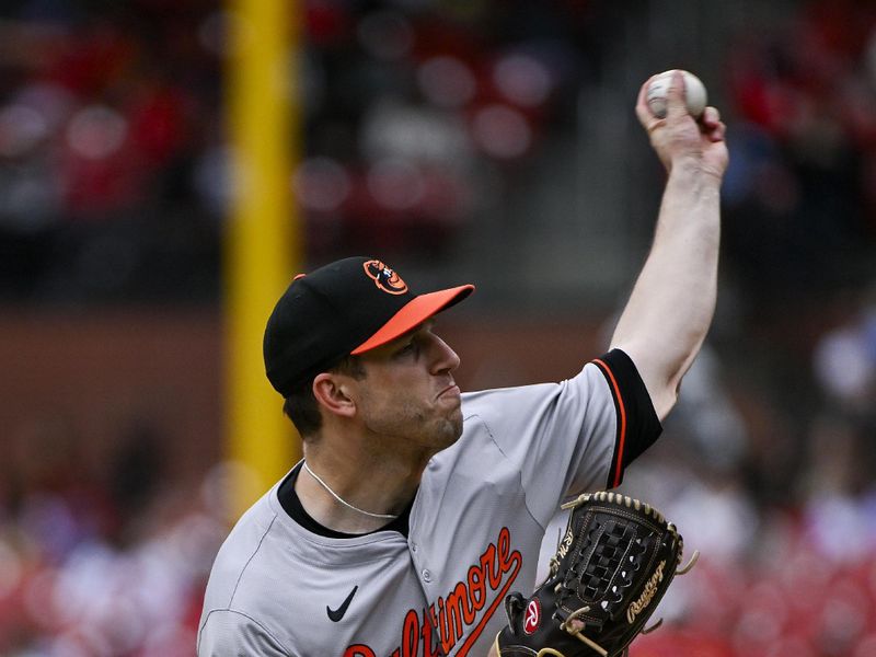 May 22, 2024; St. Louis, Missouri, USA;  Baltimore Orioles starting pitcher John Means (47) pitches against the St. Louis Cardinals during the first inning at Busch Stadium. Mandatory Credit: Jeff Curry-USA TODAY Sports