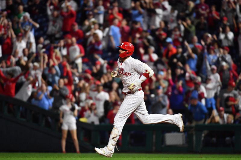 Sep 24, 2023; Philadelphia, Pennsylvania, USA; Philadelphia Phillies right fielder Nick Castellanos (8) runs the bases after hitting a home run against the New York Mets during the fourth inning at Citizens Bank Park. Mandatory Credit: Eric Hartline-USA TODAY Sports