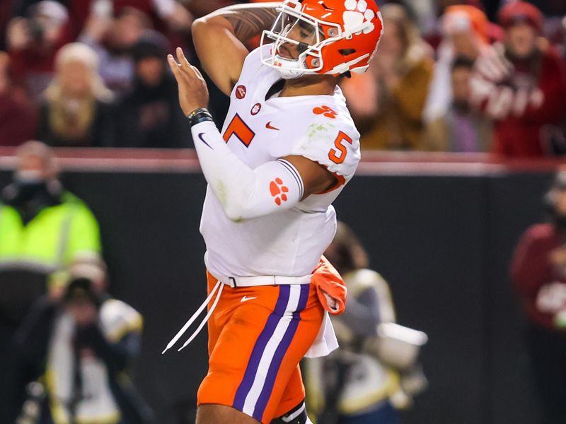 Nov 27, 2021; Columbia, South Carolina, USA; Clemson Tigers quarterback D.J. Uiagalelei (5) throws a pass against the South Carolina Gamecocks in the third quarter at Williams-Brice Stadium. Mandatory Credit: Jeff Blake-USA TODAY Sports