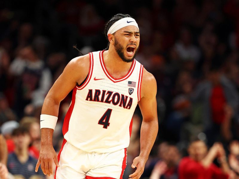 Dec 20, 2023; Phoenix, Arizona, USA; Arizona Wildcats guard Kylan Boswell (4) reacts after a play against the Alabama Crimson Tide during the first half in the Hall of Fame Series at Footprint Center. Mandatory Credit: Mark J. Rebilas-USA TODAY Sports