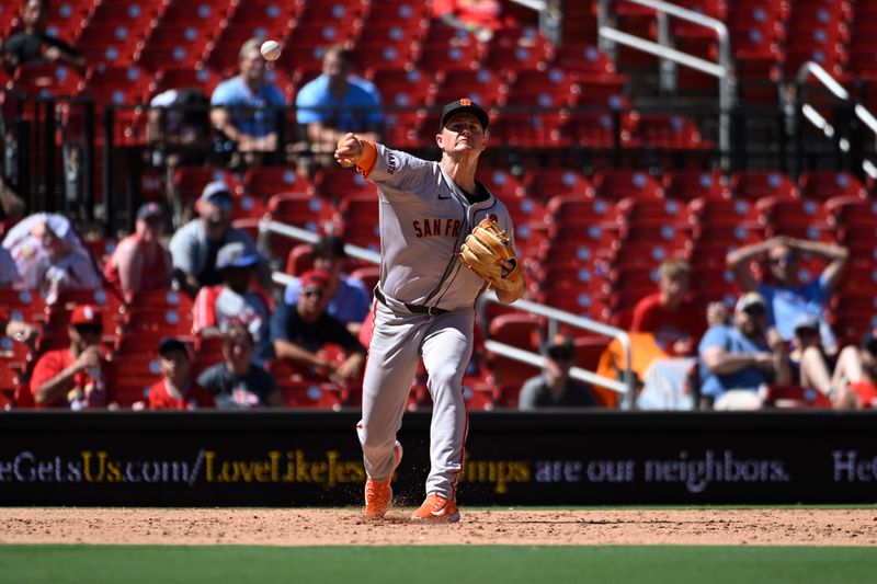 Jun 23, 2024; St. Louis, Missouri, USA; San Francisco Giants third baseman Matt Chapman (26) throws to first for an out against the St. Louis Cardinals in the eighth inning at Busch Stadium. Mandatory Credit: Joe Puetz-USA TODAY Sports