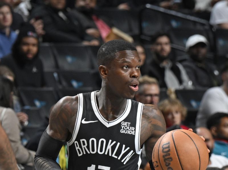 BROOKLYN, NY - NOVEMBER 4: Dennis Schroder #17 of the Brooklyn Nets dribbles the ball during the game against the Memphis Grizzlies on November 4, 2024 at Barclays Center in Brooklyn, New York. NOTE TO USER: User expressly acknowledges and agrees that, by downloading and or using this Photograph, user is consenting to the terms and conditions of the Getty Images License Agreement. Mandatory Copyright Notice: Copyright 2024 NBAE (Photo by David Dow<p><br/></p>/NBAE via Getty Images)