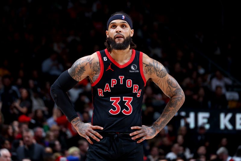 TORONTO, CANADA - FEBRUARY 23: Gary Trent Jr. #33 of the Toronto Raptors looks on during the game against the New Orleans Pelicans on February 23, 2023 at the Scotiabank Arena in Toronto, Ontario, Canada.  NOTE TO USER: User expressly acknowledges and agrees that, by downloading and or using this Photograph, user is consenting to the terms and conditions of the Getty Images License Agreement.  Mandatory Copyright Notice: Copyright 2023 NBAE (Photo by Vaughn Ridley/NBAE via Getty Images)