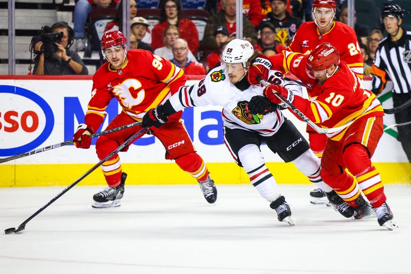 Oct 15, 2024; Calgary, Alberta, CAN; Chicago Blackhawks left wing Tyler Bertuzzi (59) and Calgary Flames center Jonathan Huberdeau (10) battles for the puck during the first period at Scotiabank Saddledome. Mandatory Credit: Sergei Belski-Imagn Images