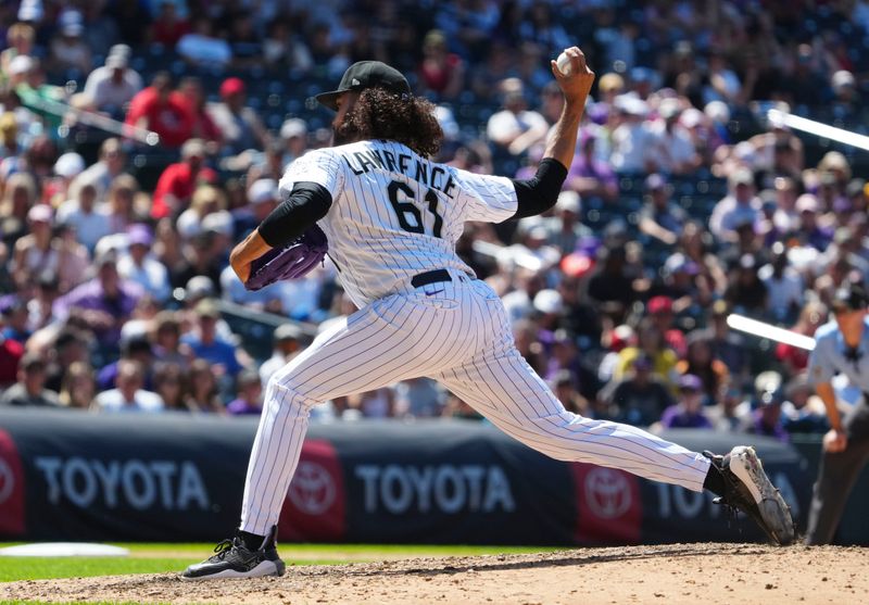 Jun 25, 2023; Denver, Colorado, USA; Colorado Rockies relief pitcher Justin Lawrence (61) delivers a pitch in the ninth inning against the Los Angeles Angels at Coors Field. Mandatory Credit: Ron Chenoy-USA TODAY Sports