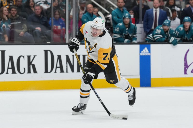 Nov 4, 2023; San Jose, California, USA; Pittsburgh Penguins center Evgeni Malkin (71) shoots against the San Jose Sharks during the third period at SAP Center at San Jose. Mandatory Credit: Darren Yamashita-USA TODAY Sports