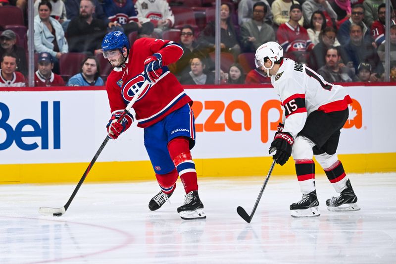 Oct 1, 2024; Montreal, Quebec, CAN; Montreal Canadiens center Kirby Dach (77) shoots the puck against the Ottawa Senators during the second period at Bell Centre. Mandatory Credit: David Kirouac-Imagn Images