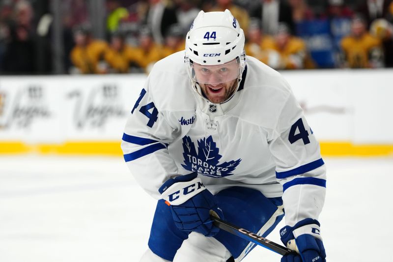 Mar 5, 2025; Las Vegas, Nevada, USA; Toronto Maple Leafs defenseman Morgan Rielly (44) skates against the Vegas Golden Knights during the second period at T-Mobile Arena. Mandatory Credit: Stephen R. Sylvanie-Imagn Images