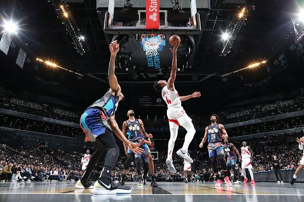 BROOKLYN, NY - NOVEMBER 28: Scottie Barnes #4 of the Toronto Raptors drives to the basket during the game against the Brooklyn Nets during the In-Season Tournament on November 28, 2023 at Barclays Center in Brooklyn, New York. NOTE TO USER: User expressly acknowledges and agrees that, by downloading and or using this Photograph, user is consenting to the terms and conditions of the Getty Images License Agreement. Mandatory Copyright Notice: Copyright 2023 NBAE (Photo by Nathaniel S. Butler/NBAE via Getty Images)