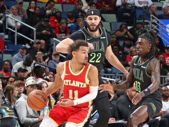 NEW ORLEANS, LA - NOVEMBER 4: Trae Young #11 of the Atlanta Hawks dribbles the ball during the game against the New Orleans Pelicans on November 4, 2023 at the Smoothie King Center in New Orleans, Louisiana. NOTE TO USER: User expressly acknowledges and agrees that, by downloading and or using this Photograph, user is consenting to the terms and conditions of the Getty Images License Agreement. Mandatory Copyright Notice: Copyright 2023 NBAE (Photo by Layne Murdoch Jr./NBAE via Getty Images)