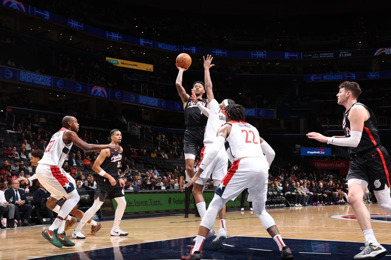 WASHINGTON, DC -? FEBRUARY 26: Anfernee Simons #1 of the Portland Trail Blazers shoots the ball during the game against the Washington Wizards on February 26, 2025 at Capital One Arena in Washington, DC. NOTE TO USER: User expressly acknowledges and agrees that, by downloading and or using this Photograph, user is consenting to the terms and conditions of the Getty Images License Agreement. Mandatory Copyright Notice: Copyright 2025 NBAE (Photo by Stephen Gosling/NBAE via Getty Images)