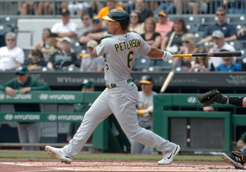 Jun 7, 2023; Pittsburgh, Pennsylvania, USA;  Oakland Athletics second baseman Jace Peterson (6) hits a two run double  against the Pittsburgh Pirates during the first inning at PNC Park. Mandatory Credit: Charles LeClaire-USA TODAY Sports