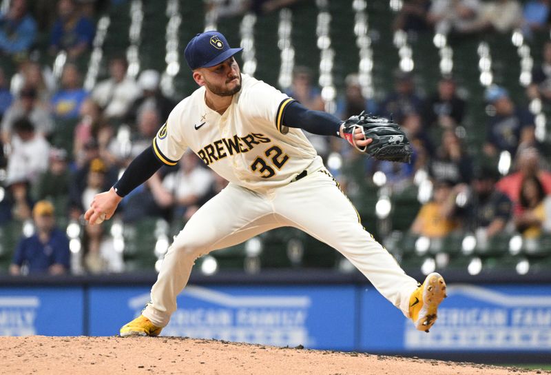 May 23, 2023; Milwaukee, Wisconsin, USA;  Milwaukee Brewers relief pitcher Peter Strzelecki (32) delivers a pitch against the Houston Astros at American Family Field. Mandatory Credit: Michael McLoone-USA TODAY Sports