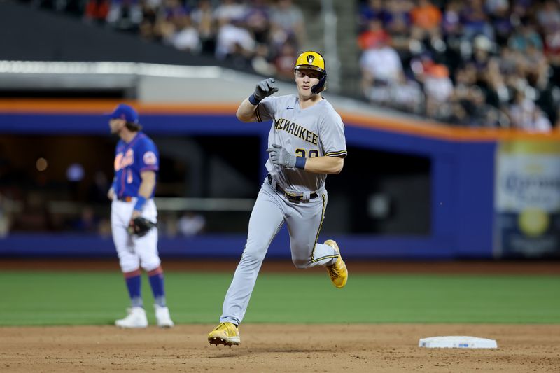 Jun 26, 2023; New York City, New York, USA; Milwaukee Brewers center fielder Joey Wiemer (28) rounds the bases after hitting a two run home run against the New York Mets during the sixth inning at Citi Field. Mandatory Credit: Brad Penner-USA TODAY Sports