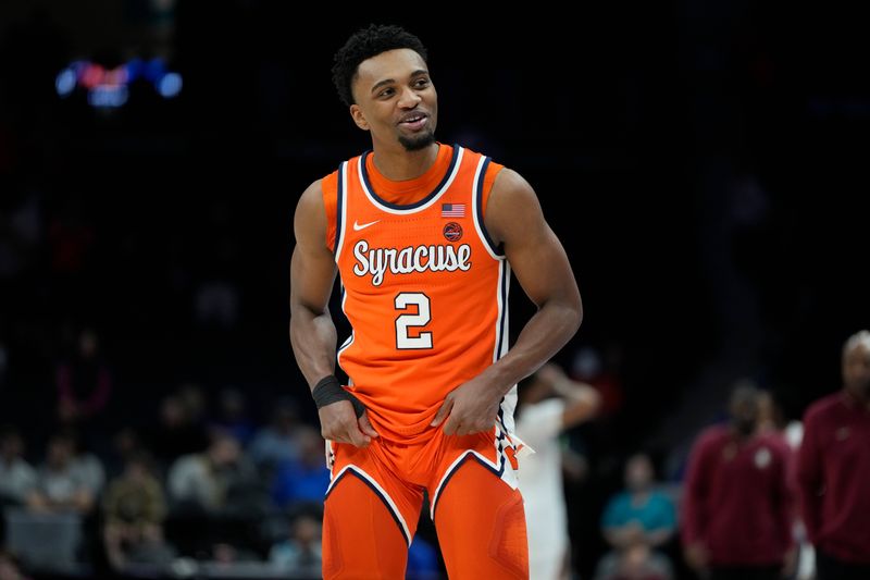 Mar 11, 2025; Charlotte, NC, USA; Syracuse Orange guard J.J. Starling (2) reacts late in the second half at Spectrum Center. Mandatory Credit: Bob Donnan-Imagn Images