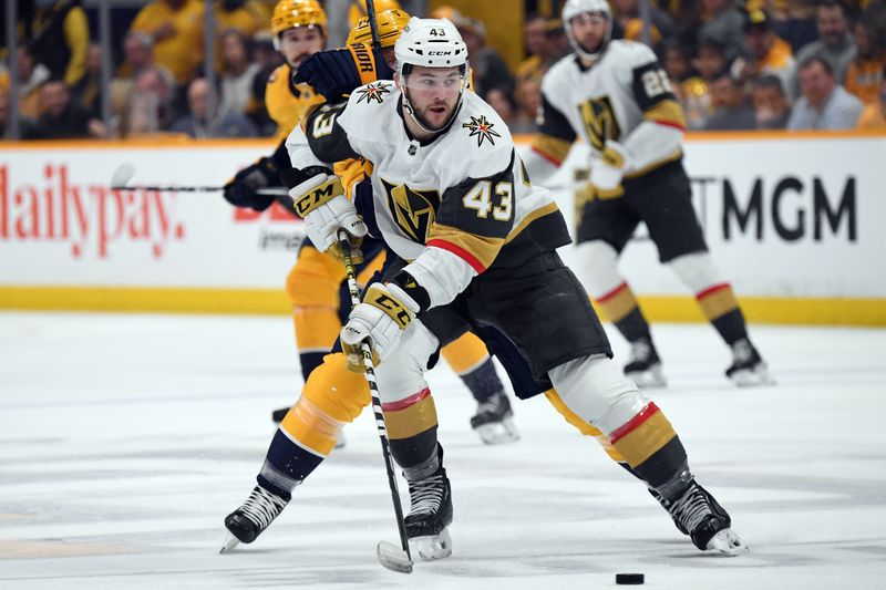 Mar 26, 2024; Nashville, Tennessee, USA; Vegas Golden Knights center Paul Cotter (43) skates with the puck during the first period against the Nashville Predators at Bridgestone Arena. Mandatory Credit: Christopher Hanewinckel-USA TODAY Sports