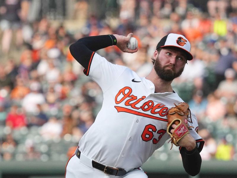 Jun 25, 2025; Baltimore, Maryland, USA; Baltimore Orioles pitcher Brandon Young (63) delivers in the first inning against the Texas Rangers at Oriole Park at Camden Yards. Mandatory Credit: Mitch Stringer-Imagn Images