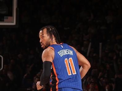 NEW YORK, NY - DECEMBER 23:  Jalen Brunson #11 of the New York Knicks looks on during the game on December 23, 2023 at Madison Square Garden in New York City, New York.  NOTE TO USER: User expressly acknowledges and agrees that, by downloading and or using this photograph, User is consenting to the terms and conditions of the Getty Images License Agreement. Mandatory Copyright Notice: Copyright 2023 NBAE  (Photo by Nathaniel S. Butler/NBAE via Getty Images)