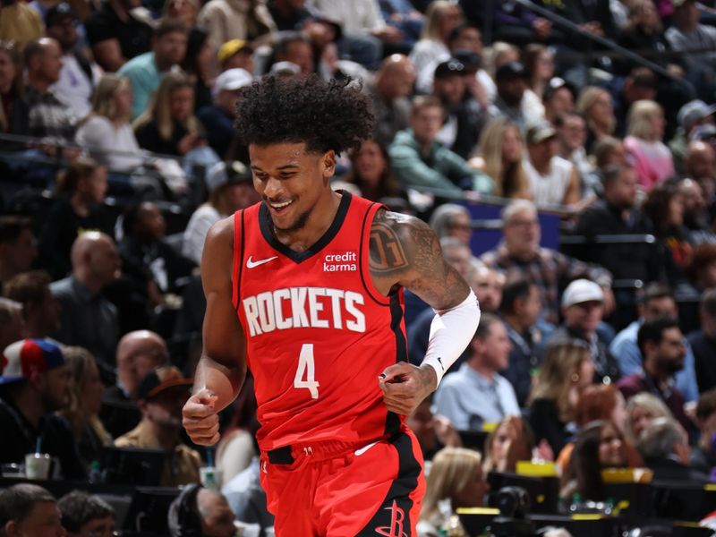 SALT LAKE CITY, UT - MARCH 29: Jalen Green #4 of the Houston Rockets celebrates during the game against the Utah Jazz on March 29, 2024 at Delta Center in Salt Lake City, Utah. NOTE TO USER: User expressly acknowledges and agrees that, by downloading and or using this Photograph, User is consenting to the terms and conditions of the Getty Images License Agreement. Mandatory Copyright Notice: Copyright 2024 NBAE (Photo by Melissa Majchrzak/NBAE via Getty Images)