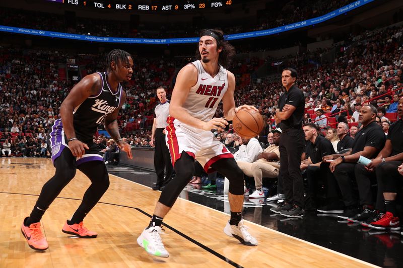 MIAMI, FL - JANUARY 31: Jaime Jaquez Jr. #11 of the Miami Heat handles the ball during the game  against the Sacramento Kings on January 31, 2024 at Kaseya Center in Miami, Florida. NOTE TO USER: User expressly acknowledges and agrees that, by downloading and or using this Photograph, user is consenting to the terms and conditions of the Getty Images License Agreement. Mandatory Copyright Notice: Copyright 2024 NBAE (Photo by Issac Baldizon/NBAE via Getty Images)