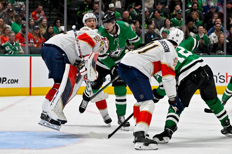 Mar 12, 2024; Dallas, Texas, USA; Florida Panthers goaltender Sergei Bobrovsky (72) leaps to stop a shot by Dallas Stars center Craig Smith (15) during the second period at the American Airlines Center. Mandatory Credit: Jerome Miron-USA TODAY Sports