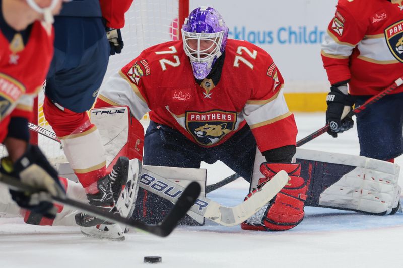 Nov 20, 2025; Sunrise, Florida, USA; Florida Panthers goaltender Sergei Bobrovsky (72) defends his net against the New Jersey Devils during the first period at Amerant Bank Arena. Mandatory Credit: Sam Navarro-Imagn Images